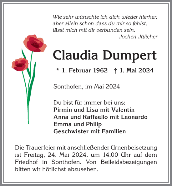 Traueranzeige von Claudia Dumpert von Allgäuer Anzeigeblatt