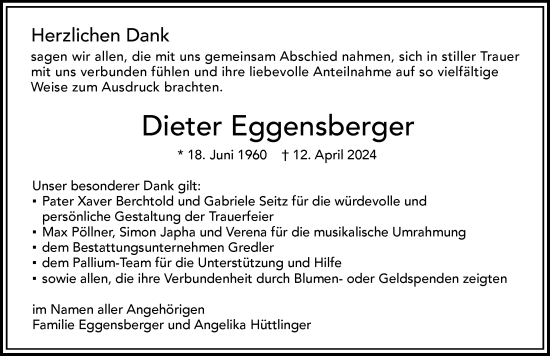 Traueranzeige von Dieter Eggensberger von Memminger Zeitung