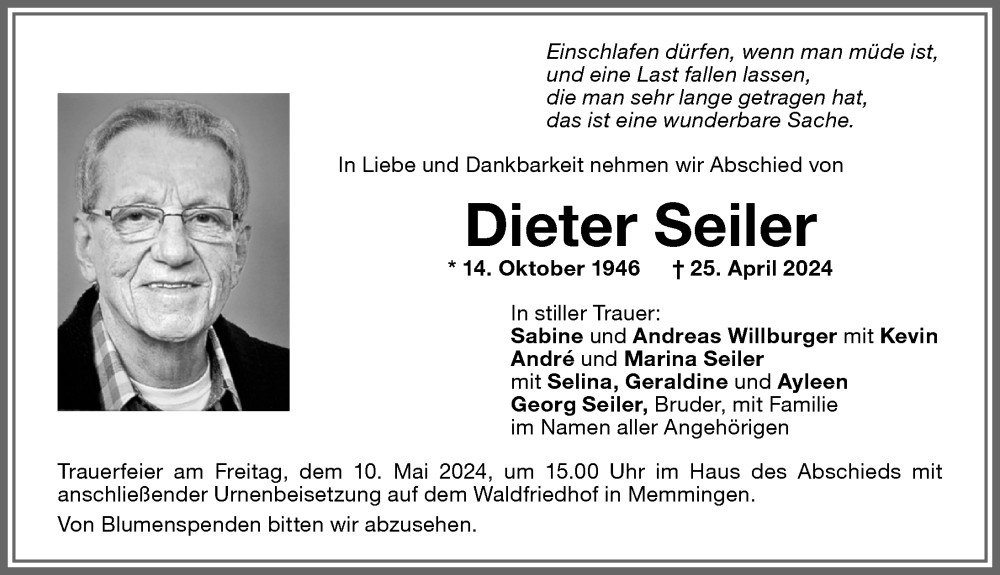  Traueranzeige für Dieter Seiler vom 07.05.2024 aus Memminger Zeitung