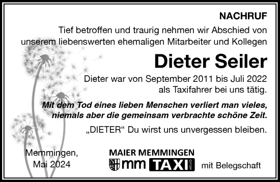 Traueranzeige von Dieter Seiler von Memminger Zeitung