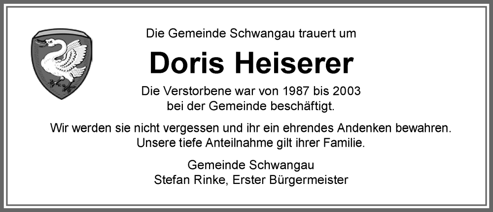  Traueranzeige für Doris Heiserer vom 04.05.2024 aus Allgäuer Zeitung, Füssen