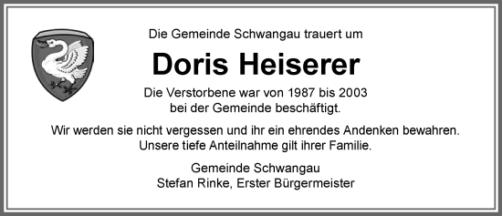 Traueranzeige von Doris Heiserer von Allgäuer Zeitung, Füssen