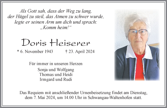 Traueranzeige von Doris Heiserer von Allgäuer Zeitung, Füssen