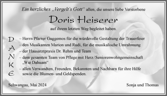 Traueranzeige von Doris Heiserer von Allgäuer Zeitung, Füssen