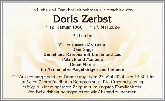 Traueranzeige von Doris Zerbst von Allgäuer Zeitung,Kempten