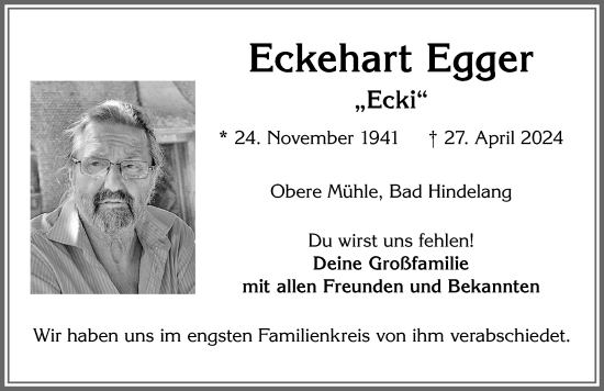 Traueranzeige von Eckehart Egger von Allgäuer Anzeigeblatt