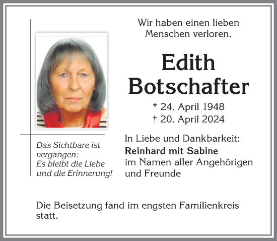 Traueranzeige von Edith Botschafter von Allgäuer Zeitung,Kempten