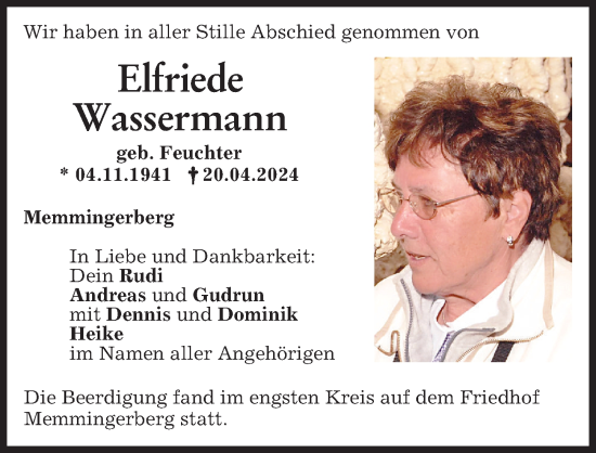 Traueranzeige von Elfriede Wassermann von Memminger Zeitung
