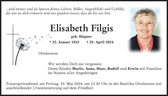 Traueranzeige von Elisabeth Filgis von Memminger Zeitung