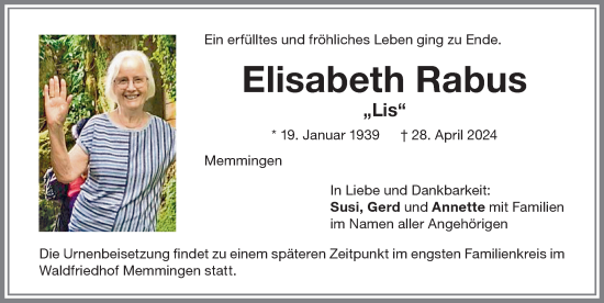 Traueranzeige von Elisabeth Rabus von Memminger Zeitung