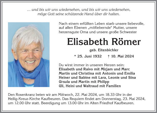 Traueranzeige von Elisabeth Römer von Allgäuer Zeitung, Kaufbeuren/Buchloe