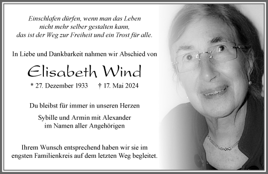 Traueranzeige von Elisabeth Wind von Allgäuer Zeitung, Füssen