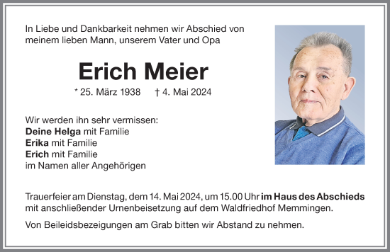 Traueranzeige von Erich Meier von Memminger Zeitung