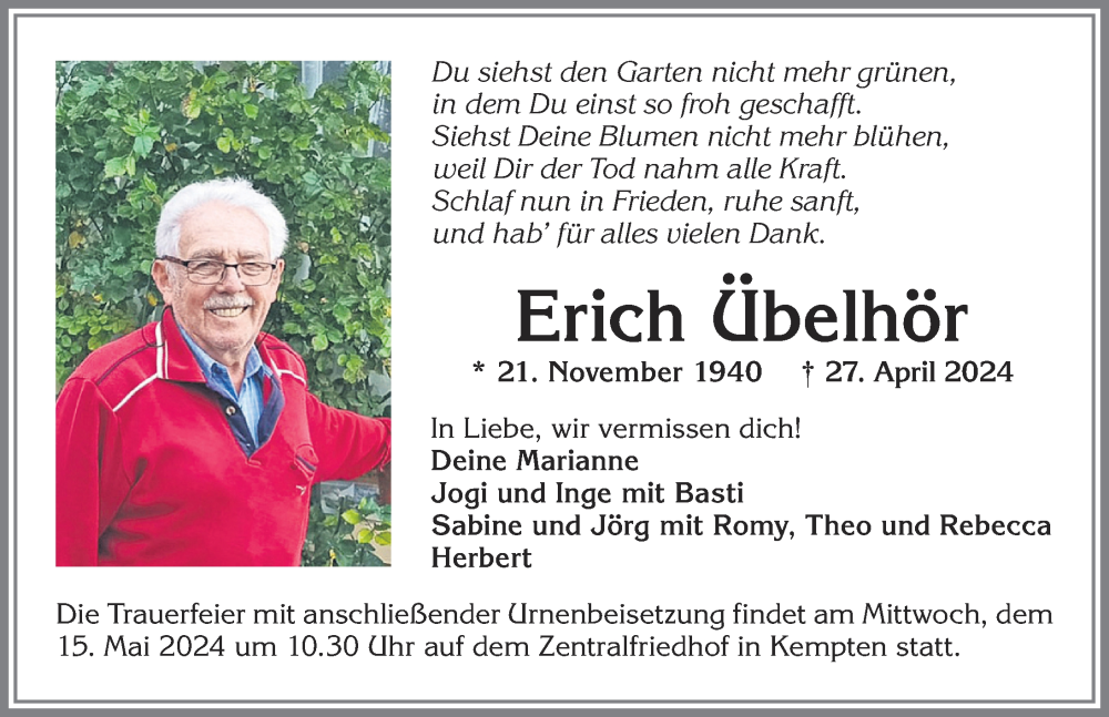  Traueranzeige für Erich Übelhör vom 04.05.2024 aus Allgäuer Zeitung,Kempten