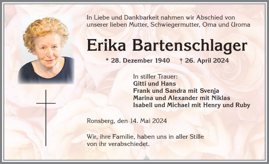 Traueranzeige von Erika Bartenschlager von Allgäuer Zeitung, Marktoberdorf