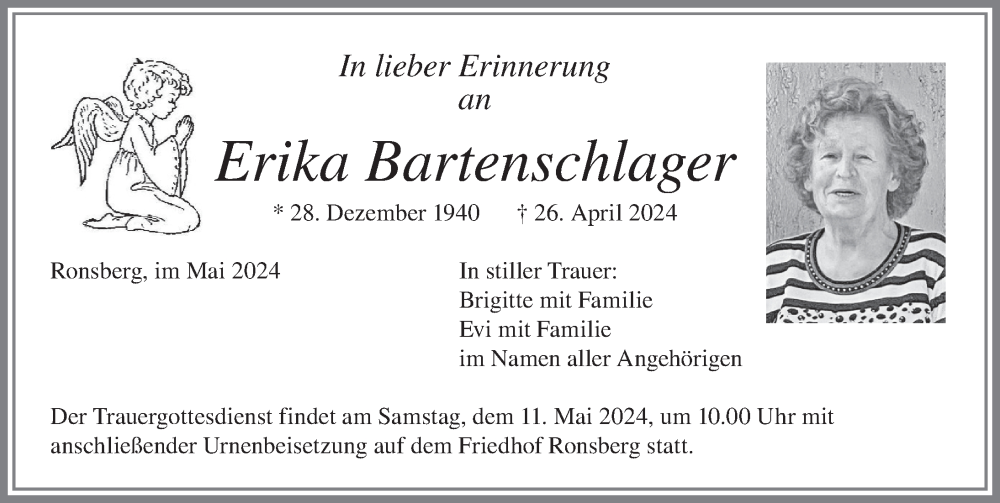  Traueranzeige für Erika Bartenschlager vom 04.05.2024 aus Allgäuer Zeitung, Marktoberdorf