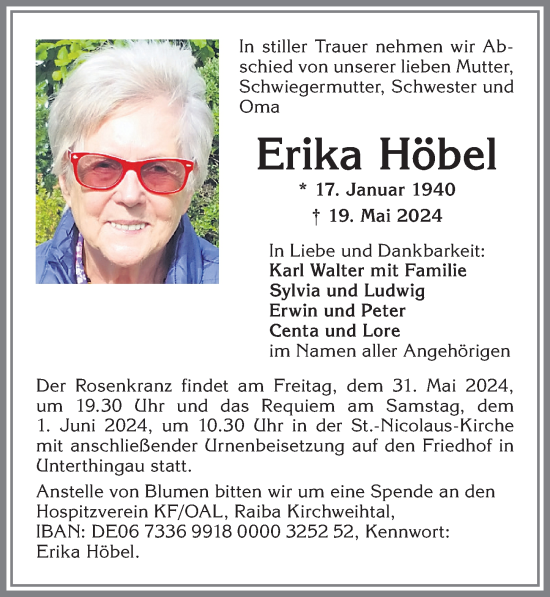 Traueranzeige von Erika Höbel von Allgäuer Zeitung,Kempten