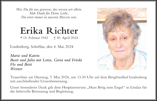 Traueranzeige von Erika Richter von Der Westallgäuer