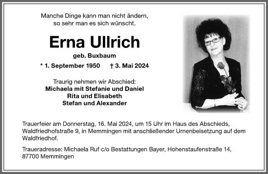 Traueranzeige von Erna Ullrich von Memminger Zeitung