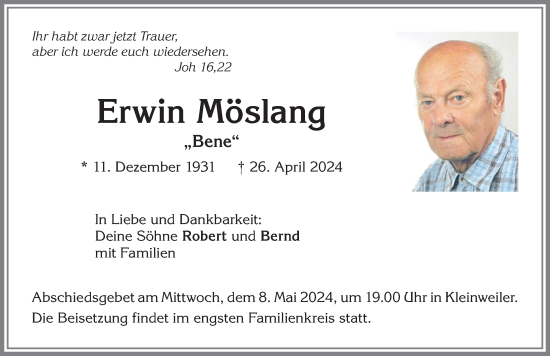 Traueranzeige von Erwin Möslang von Allgäuer Zeitung,Kempten