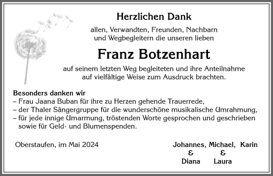 Traueranzeige von Franz Botzenhart von Allgäuer Anzeigeblatt