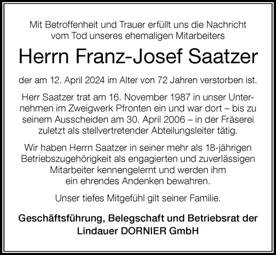 Traueranzeige von Franz-Josef Saatzer von Allgäuer Zeitung, Füssen