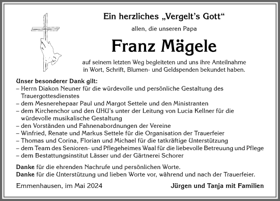 Traueranzeige von Franz Mägele von Allgäuer Zeitung, Kaufbeuren/Buchloe