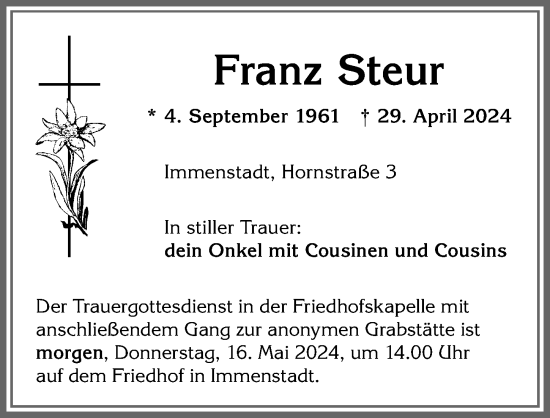 Traueranzeige von Franz Steur von Allgäuer Anzeigeblatt