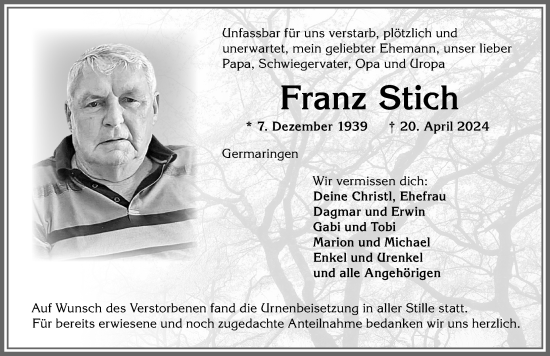 Traueranzeige von Franz Stich von Allgäuer Zeitung, Kaufbeuren/Buchloe