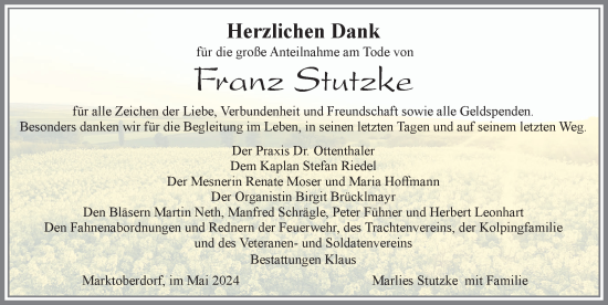 Traueranzeige von Franz Stutzke von Allgäuer Zeitung, Marktoberdorf