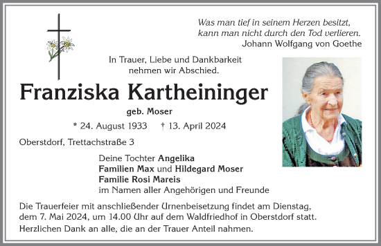 Traueranzeige von Franziska Kartheininger von Allgäuer Anzeigeblatt