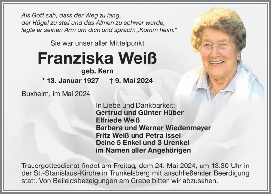 Traueranzeige von Franziska Weiß von Memminger Zeitung