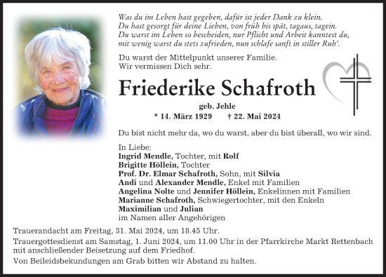 Traueranzeige von Friederike Schafroth von Memminger Zeitung
