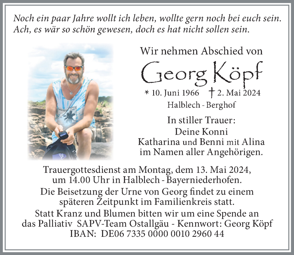  Traueranzeige für Georg Köpf vom 10.05.2024 aus Allgäuer Zeitung, Füssen