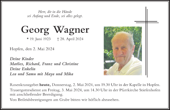 Traueranzeige von Georg Wagner von Der Westallgäuer