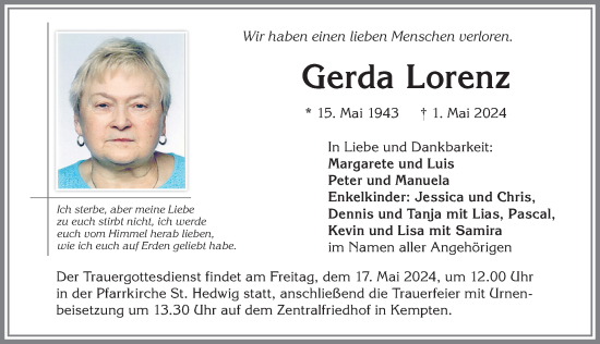 Traueranzeige von Gerda Lorenz von Allgäuer Zeitung,Kempten