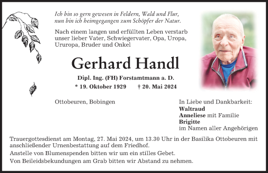 Traueranzeige von Gerhard Handl von Memminger Zeitung