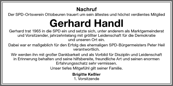 Traueranzeige von Gerhard Handl von Memminger Zeitung