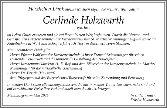 Traueranzeige von Gerlinde Holzwarth von Memminger Zeitung