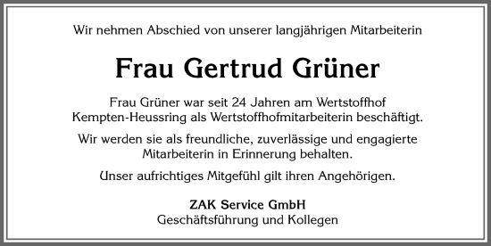 Traueranzeige von Gertrud Grüner von Allgäuer Zeitung,Kempten