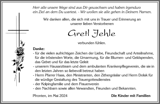 Traueranzeige von Gretl Jehle von Allgäuer Zeitung, Füssen