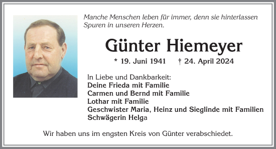 Traueranzeige von Günter Hiemeyer von Allgäuer Zeitung,Kempten