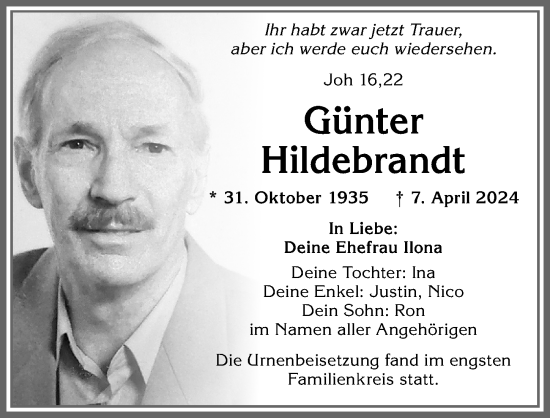 Traueranzeige von Günter Hildebrandt von Allgäuer Zeitung, Kaufbeuren/Buchloe