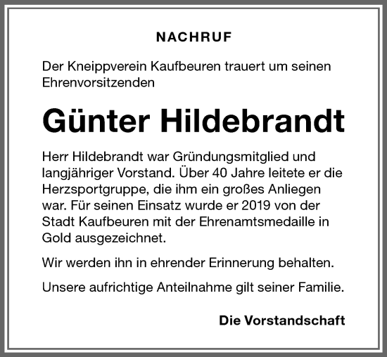 Traueranzeige von Günter Hildebrandt von Allgäuer Zeitung, Kaufbeuren/Buchloe