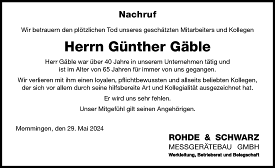 Traueranzeige von Günther Gäble von Memminger Zeitung