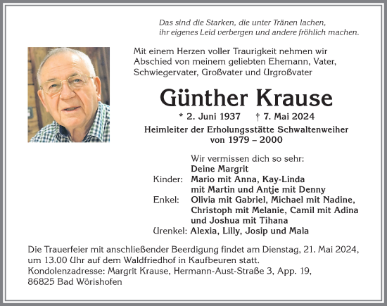 Traueranzeige von Günther Krause von Mindelheimer Zeitung, Augsburger Allgemeine