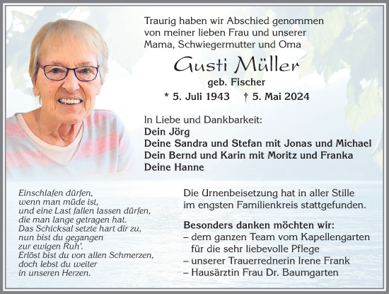 Traueranzeige von Gusti Müller von Allgäuer Zeitung,Kempten