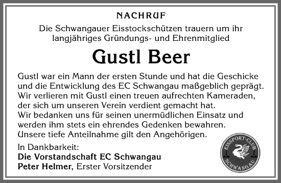 Traueranzeige von Gustl Beer von Allgäuer Zeitung, Füssen