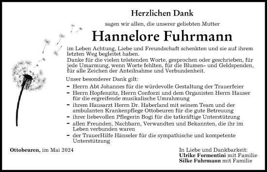Traueranzeige von Hannelore Fuhrmann von Memminger Zeitung
