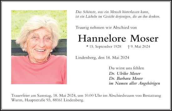 Traueranzeige von Hannelore Moser von Der Westallgäuer